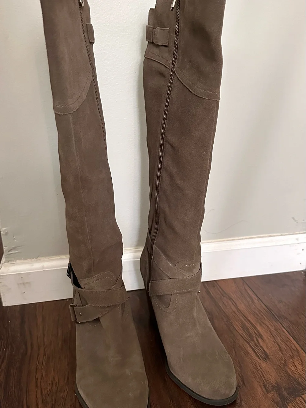 GUESS Taupe Suede Over-the-Knee Boots with Gold Buckles